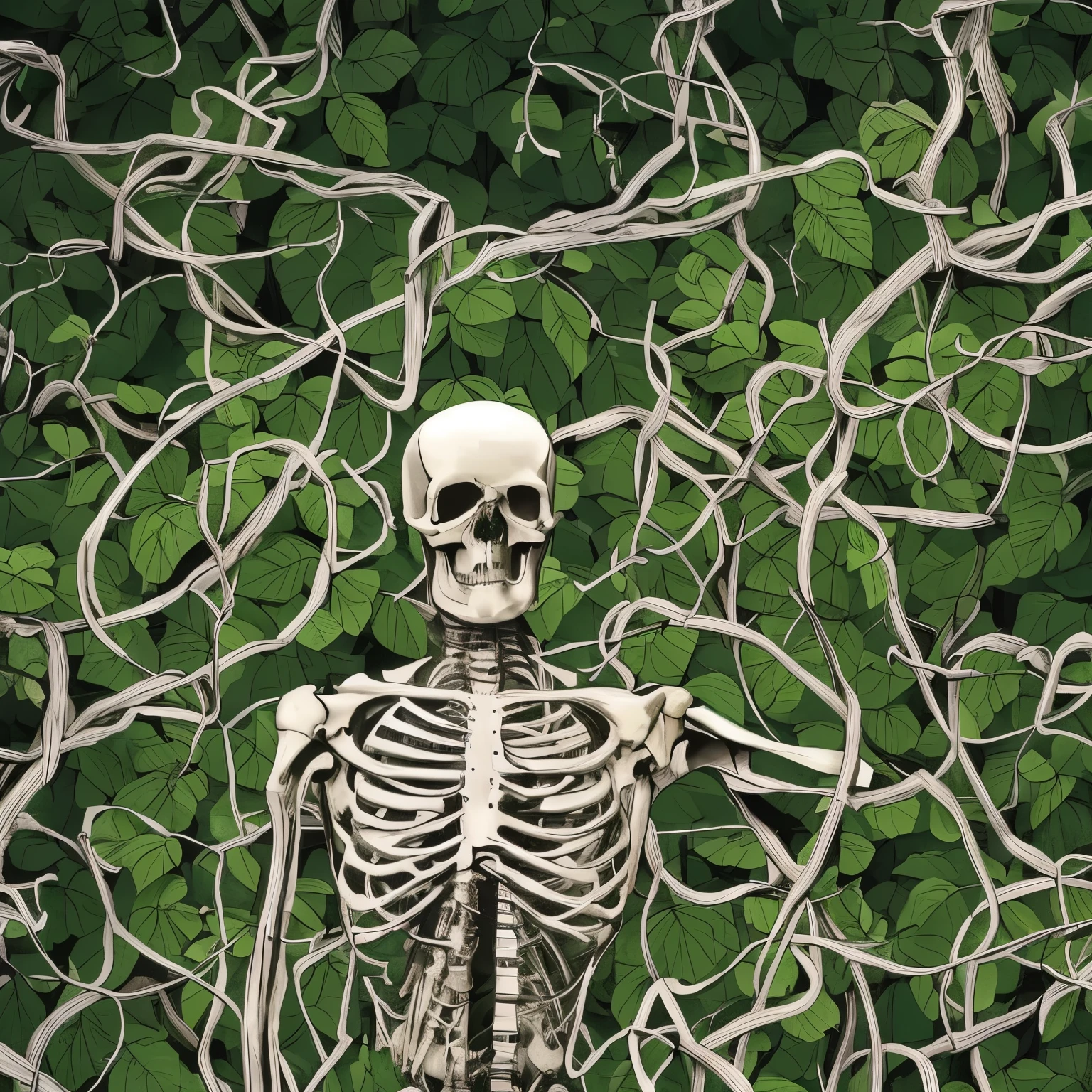 ((masterpiece)) ((high resolution)) ((high quality)) graphic representation of the trauma specialty, a human skeleton with some vines, holding one hand towards the sky and looking up.