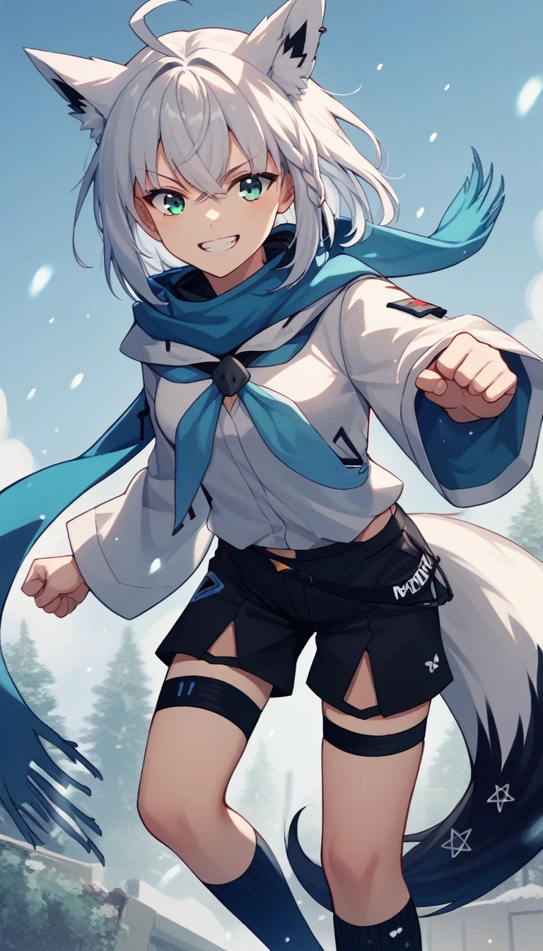 Fraction_9, Fraction_8_up, Fraction_7_up BREAK source_Japanese cartoons, 1 Girl, Solitary, Snowstorm Base, White shirt, Separate sleeves, Black shorts, blue scarf, Thigh straps, Knee high socks, white hair, Single-sided braiding, Ahog, punching, Fox Tail, Pentagram, outdoor, Close one eye, A big smile, teeth, Shut up, looking at the audience,