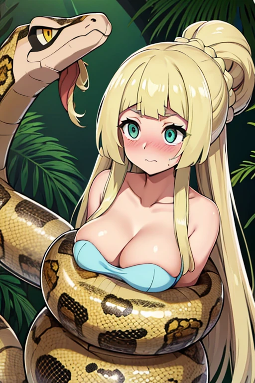 masterpiece, best quality, highres, illustration, highly detailed,  blonde hair, twin braids, length hair, messy hair, 1girl, solo, Lillie(Pokemon), beautiful detailed eyes, cleavage, snake, (anaconda), (coiled), snake scales detailed, wrapped tightly, restrained, embarrassed face , blushing , breasts out,  (snake rubbed its head against her hair)

