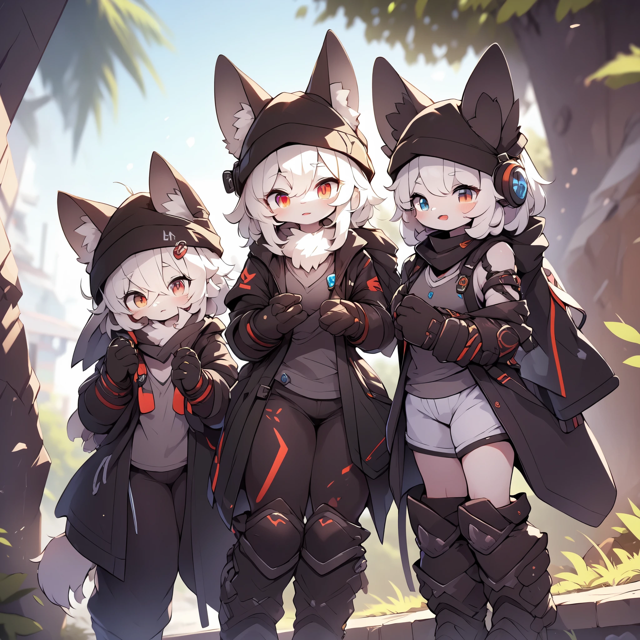 Kawaii, Striped Fluffy Fox, emaciated, long hair, 3girls, artificial synthetic skin, life support prosthetics, digital headphones, black tight latex bodysuit, white long dress, thigh-high-socks, shorts, loose off-the-shoulder hood open jacket, holsters in thigh, Mechanical boots, tactical knee pads, tactical belted loose Arm Sleeves, cybernetic Display gloves, chest rigs, tactical belts, blue archive halo, bulletproof goggles on forehead, from Ark nights, ray tracing, depth of field, bloom, masterpiece, ccurate, high details, highres