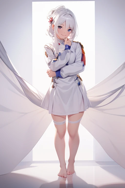CG, Unity, 8k, wallpaper, highest quality, masterpiece, One girl, Cheerful girl, 17 years old, (Bright smile: 1.2), barefoot, Best lighting, Complex pupil, Complex weaving,Low - Angle,White Hair,Hair covering one eye,whole body,((White background))
