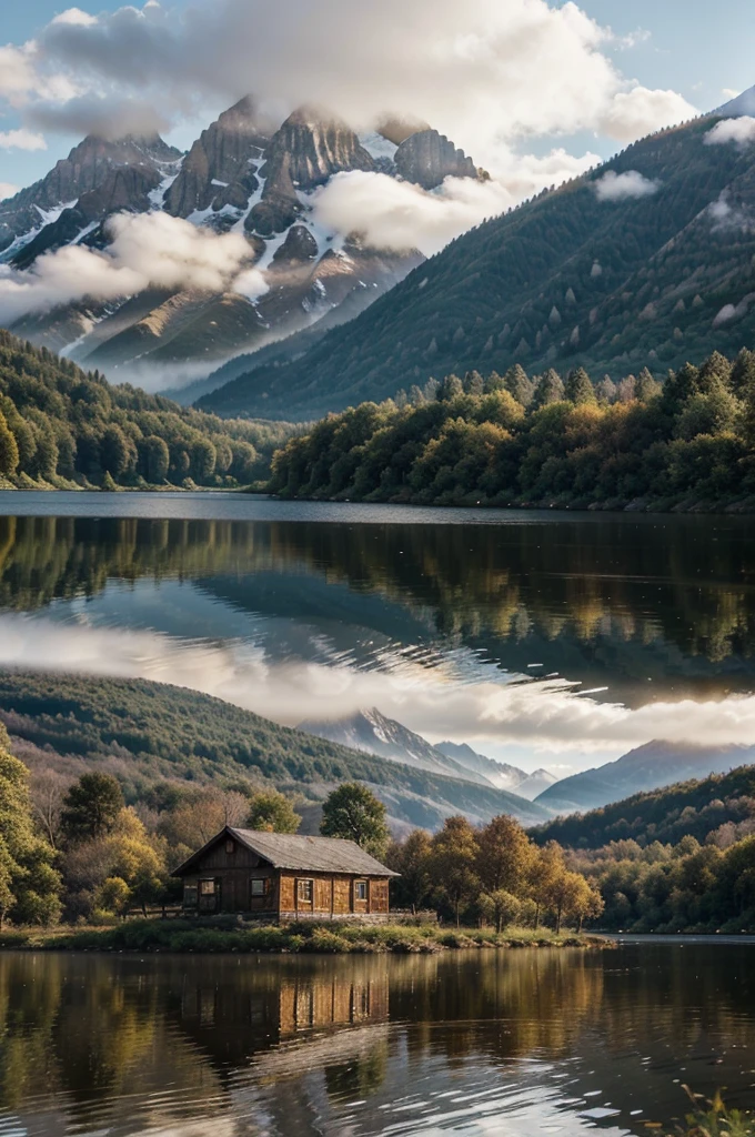 wonderfull landsape with mountains and dreaming forest, we can see a old and vintage little wood cabine close to a lake in a far. foggy, dreaming,