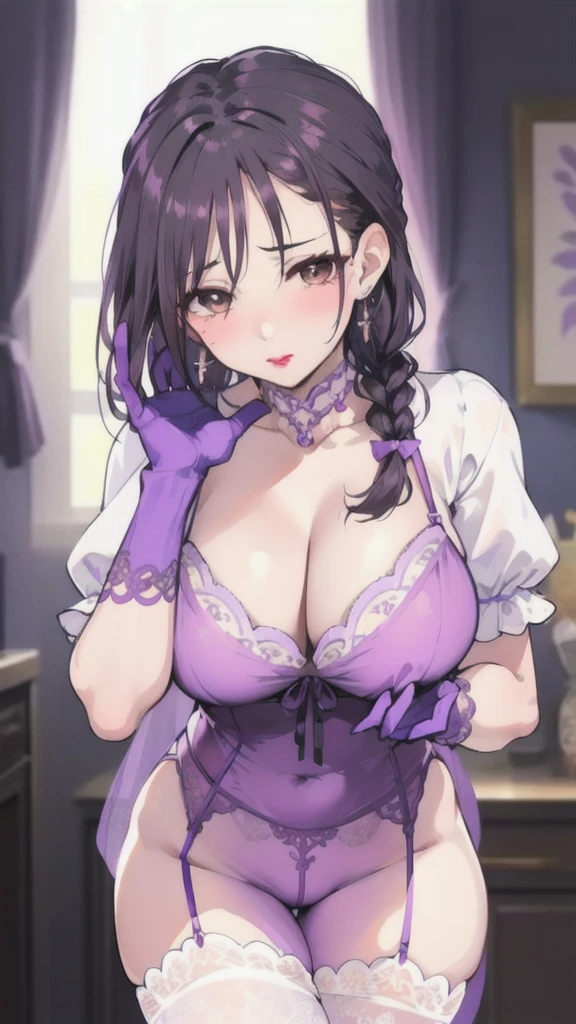 mature beautiful wife,Big breasts,whey,Shy,Face red,The room is dark,Covered in white mucus,Purple lace,Purple lace,stockings,Close eyes,pant,earrings,lipstick,Black Hair,Clothes are thin,side braid,Purple gloves