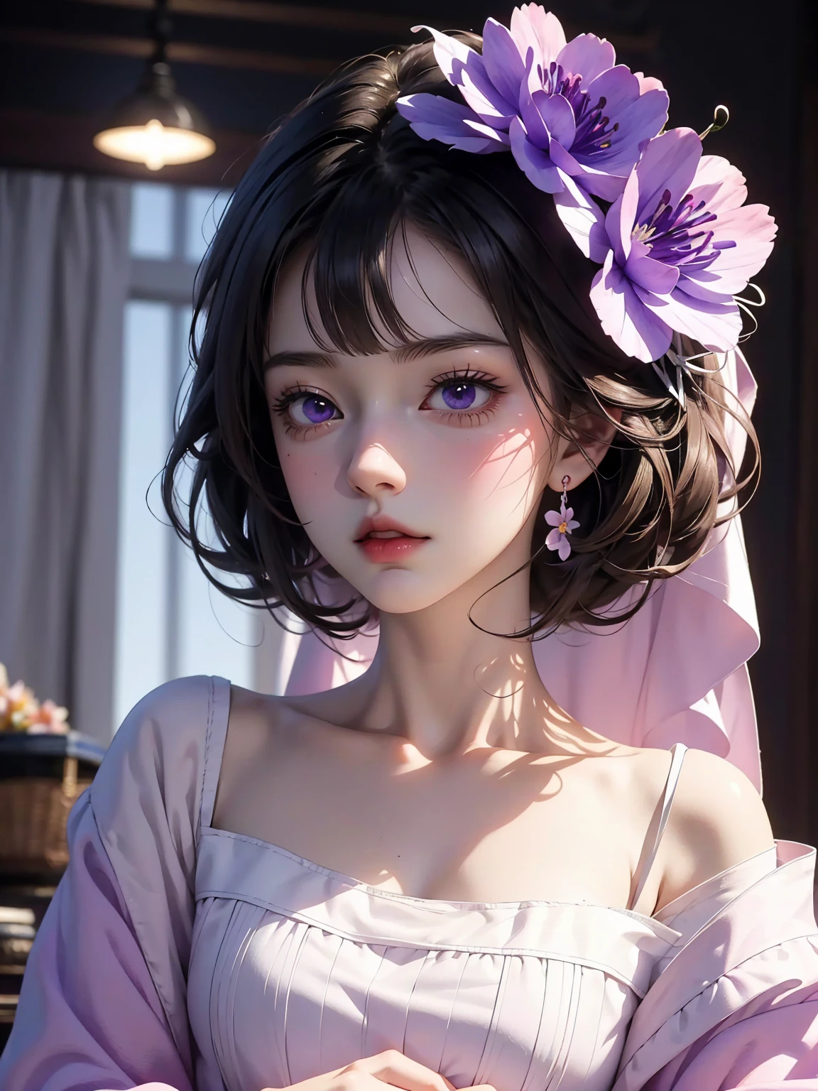 There was a girl with a basket of flowers on her head,Gorgeous and fashionable dark purple clothes， Realistic anime 3D style, Realistic animation girl render, 3D animation realistic, Anime styled 3d,  Rendering a cute 3D anime girl, Realistic animation, surreal anime, Anime realism style, Anime style. 16K