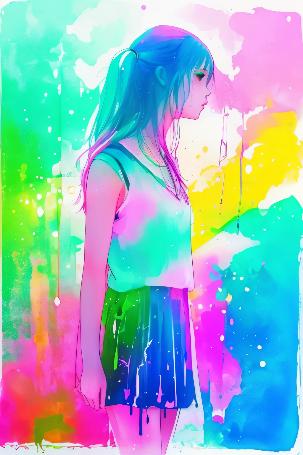 a girl,luminous design, pastel colours, ink drips, summer lights