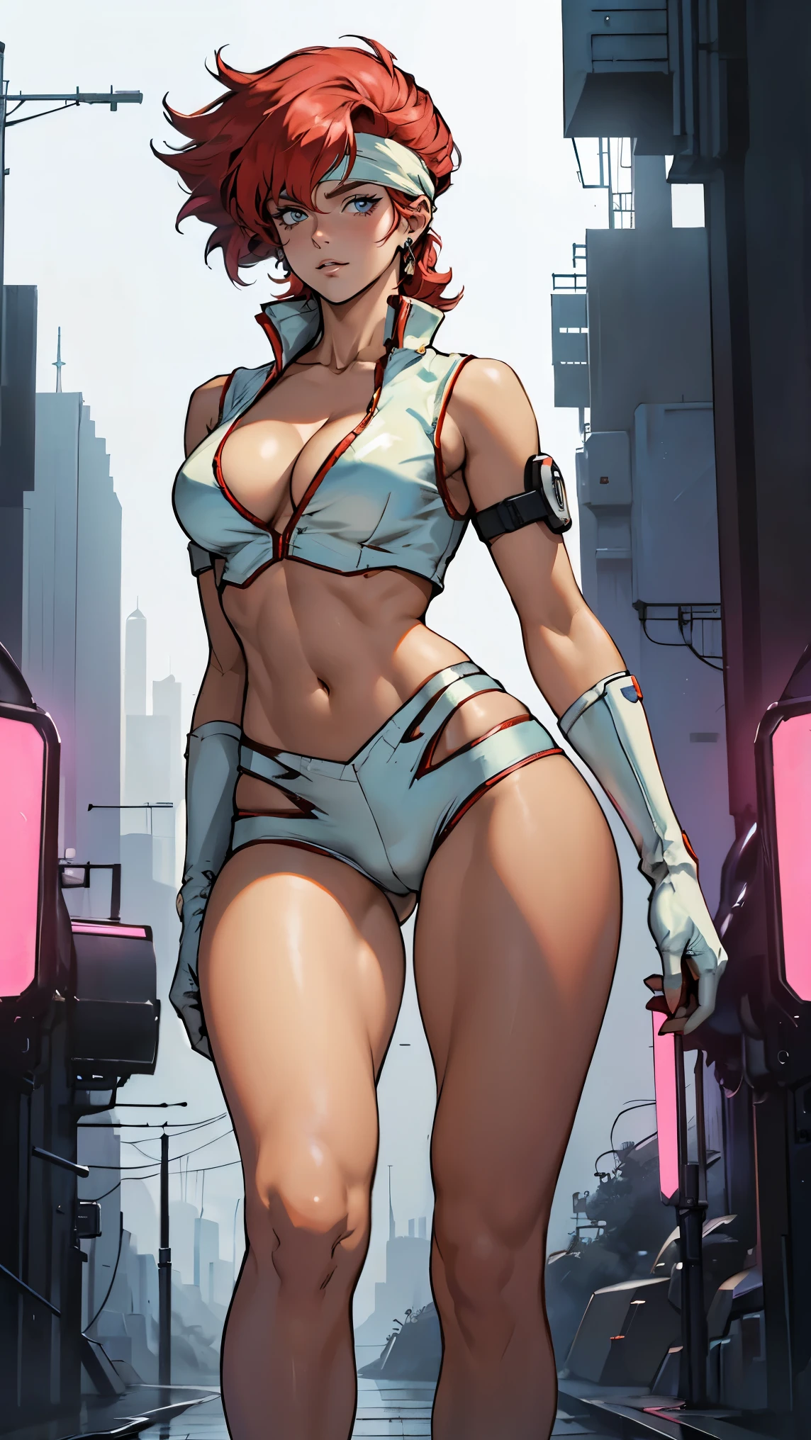 ((Masterpiece, highest quality; 1.3)), super quality, beautiful detail, super detailed, extra fine, 16K, exquisite, absurd, high resolution, beautiful background, detailed background, beautiful eyes, beautiful skin, anime style, Kay from Dirty Pair in a white outfit, tight outfit, cleavage, bushy redhead beauty, very light blue uniform, wearing tight clothes, skimpy, (mid chest: 1.2), cleavage, cleavage, slim waist , thin waist, slim thighs, thin legs, slim legs. thigh gap, showing stomach, skinny, thin hips, cyberpunk city background, retro space gun holding, headband, 