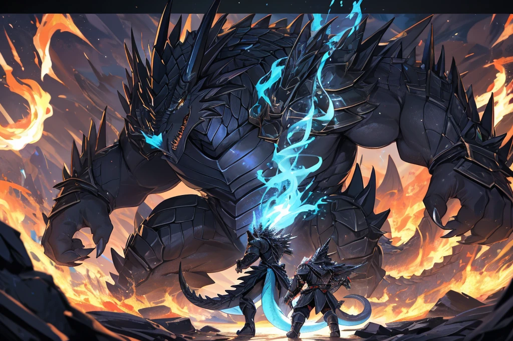 (The tyrannical and powerful Black Dragon King,Modern black and gold armor:2),(Large dragon body,Huge size,Majestic wingspan,Sharp thorns,Huge dragon claw,Huge paws,Thick dragon tail,The huge black dragon king,Black dragon:2),Strong physique,(Blue flame:2),Brutal Behemoth,war,Overwhelming presence,Full body picture,Very detailed,4k HD,HD Wallpapers
