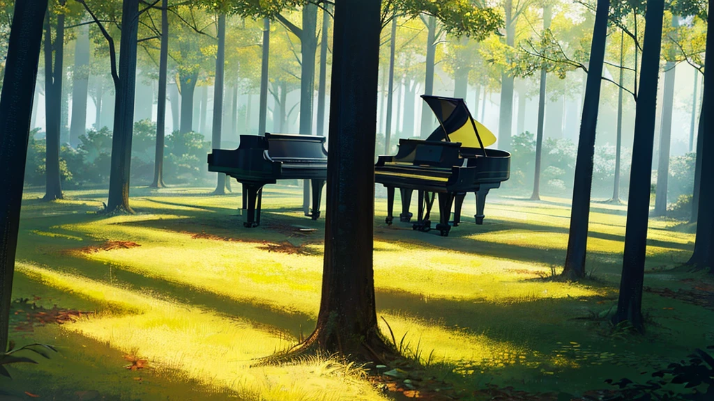 A grand piano placed in a forest of green autumn leaves with sunlight filtering through the trees、The soft sunlight filtering through the trees makes it sparkle.、One grand piano、There is no one、新海誠風のAn illustrationタッチで、粗いanime風に、anime、An illustration、Green fallen leaves、Black Grand Piano、The only grand piano