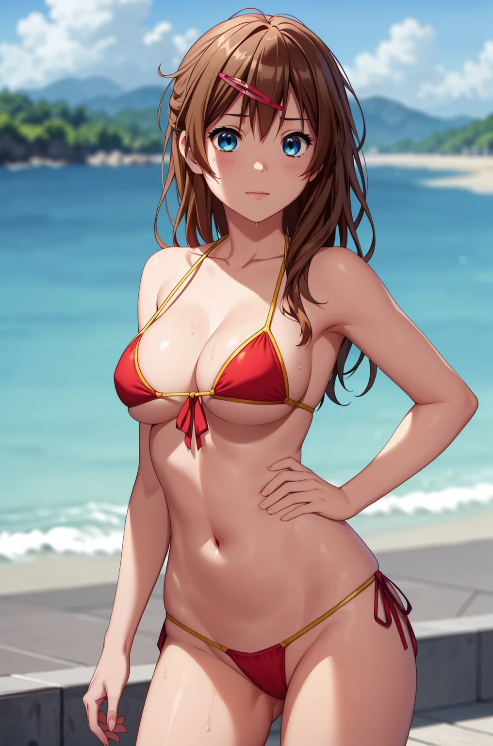 ((masterpiece, highest quality, High resolution, UHD, Pixel perfect, Depth of written boundary, 4K, rtx, HDR)), 1 Girl, single, alone, 24-years-old, Beautiful Anime Girls, Beautiful art style, anime character, ((Parted bangs, Brown Hair)), (blue eyes、Round eyes, Delicate eyelashes、Beautiful eyelashes, Perfect Eyes), (Detailed face:1.2), (Smooth texture:0.75, Realistic texture:0.65, Realistic:1.2, Cinematic, Anime CG Style), Perfect body, Ocean:1.3、Moderately good breasts:1.7、Red Micro Bikini Swimsuit:1.8、Visible from the thighs:1.9、Wet、Water Drop、Splash、nsfw、visible from below、Oceanの中、