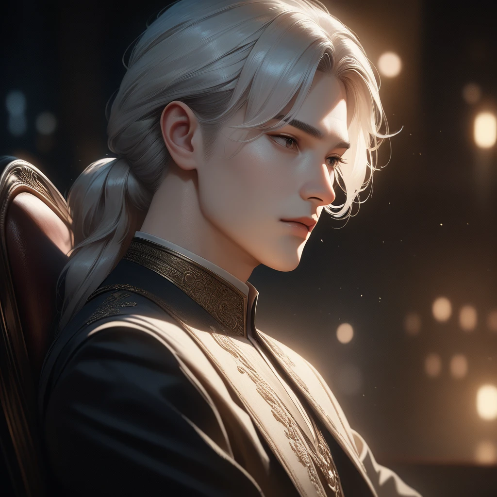 a beautiful anime boy with long white hair sitting in a chair, highly detailed, realistic, intricate, cinematic lighting, photorealistic, masterpiece, award winning, 4k, 8k, hyper detailed, sharp focus on front, physically based rendering, studio lighting, elegant, serene, thoughtful expression, soft lighting, atmospheric, dramatic, moody