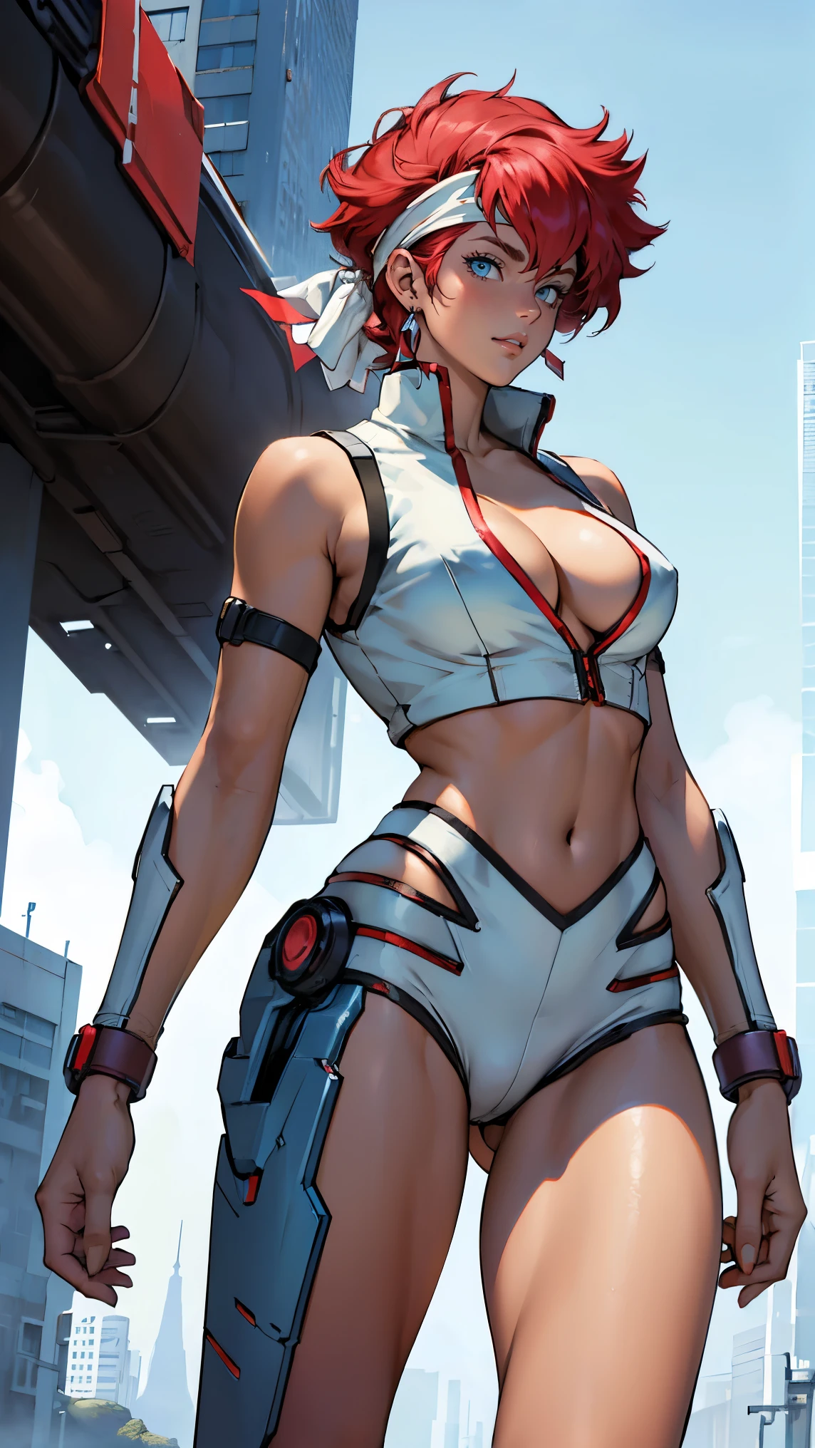 ((Masterpiece, highest quality; 1.3)), super quality, beautiful detail, super detailed, extra fine, 16K, exquisite, absurd, high resolution, beautiful background, detailed background, beautiful eyes, beautiful skin, anime style, Kay from Dirty Pair in a white outfit, tight outfit, cleavage, bushy redhead beauty, very light blue uniform, wearing tight clothes, skimpy, (mid chest: 1.2), cleavage, cleavage, slim waist , thin waist, slim thighs, thin legs, slim legs. thigh gap, showing stomach, skinny, thin hips, cyberpunk city background, retro space gun holding, headband,
