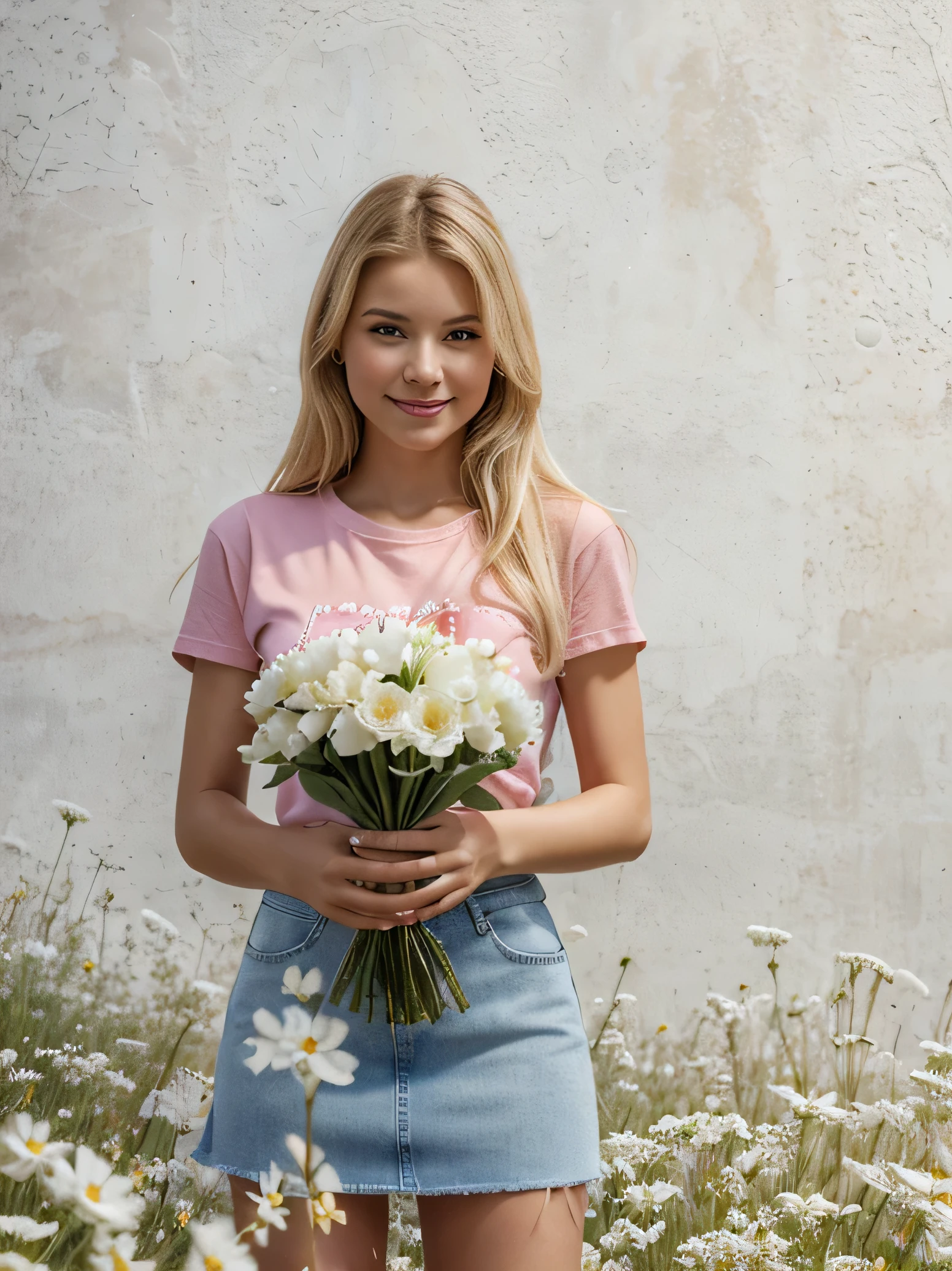 Best quality, masterpiece, ultra high resolution, (Photorealistic:1.4), Raw photo, 1 girl with blond hair holds a bouquet of white flowers in her hands, pink t-shirt and denim skirt, Blooming flower field, glowing skin, A slight smile