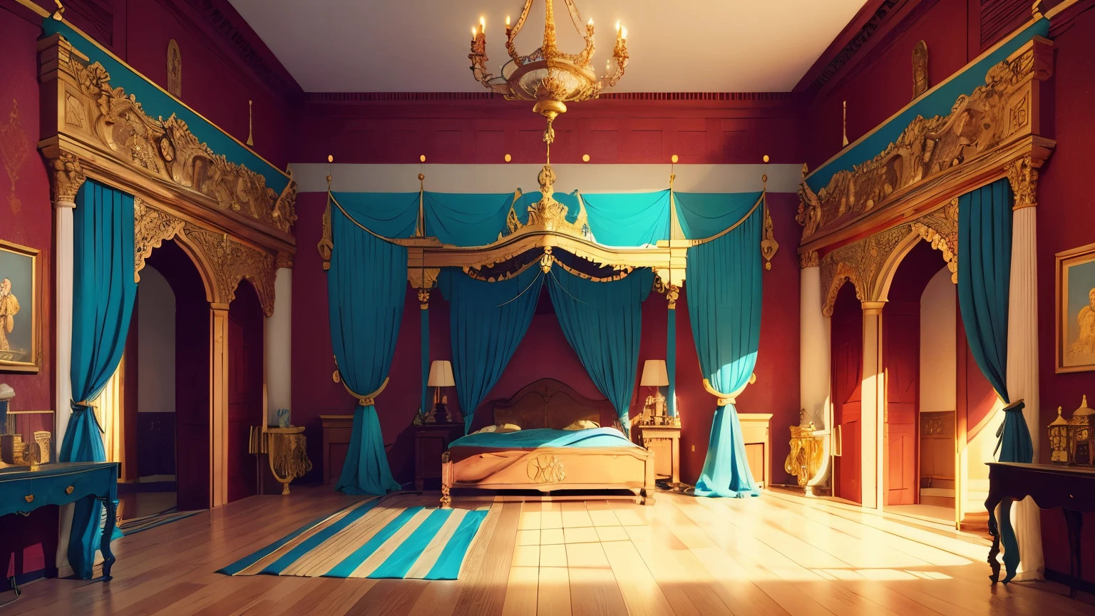 (Indoor wide angle),Medieval palace interior,big bed,(Cyan flags hanging from the roof),Main Hall,palace,bedroom,luxury,style,Magnificent,Indoor high ceiling,Gold decoration,Gold ornaments,Golden Collectibles