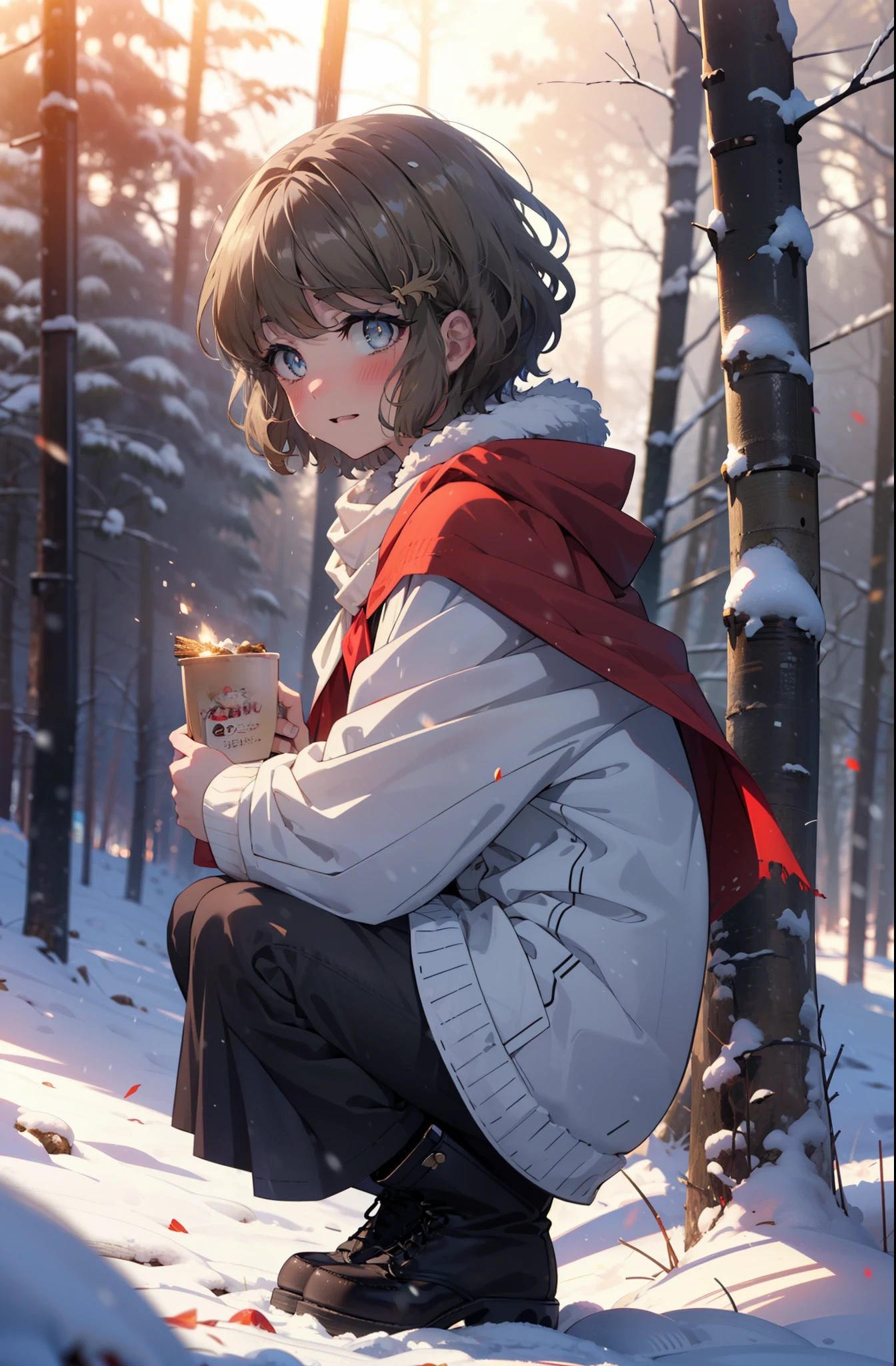 tomoekoga, Chie Koga, short hair, Brown Hair, blue eyes, hair band,smile,blush,White Breath,Mid-chest,
Open your mouth,snow,Ground bonfire, Outdoor, boots, snowing, From the side, wood, suitcase, Cape, Blurred, having meal, forest, White handbag, nature,  Squat, Mouth closed, Cape, winter, Written boundary depth, Black shoes, red Cape break looking at viewer, Upper Body, whole body, break Outdoor, forest, nature, break (masterpiece:1.2), highest quality, High resolution, unity 8k wallpaper, (shape:0.8), (Beautiful and beautiful eyes:1.6), Highly detailed face, Perfect lighting, Highly detailed CG, (Perfect hands, Perfect Anatomy),