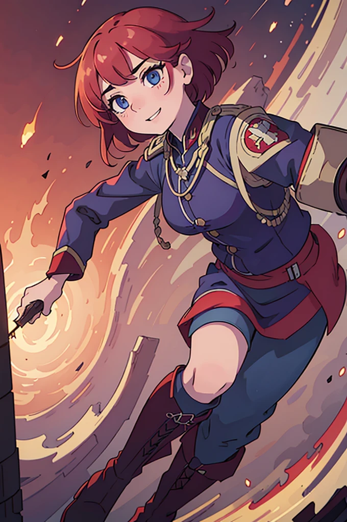 8K High Resolution、(((masterpiece)))、Anime Art、20 year old beauty、Fearless smile、Redhead short cut、167㎝、Small breasts、Blue Eyes、Imposing eyebrows、(((crimson military uniform)))、Vienna in the late 19th century、Austrian Army Officer、Silver rose ornament on chest、Beige knee-length skirt、Black boots、A Japanese sword hangs from his waist