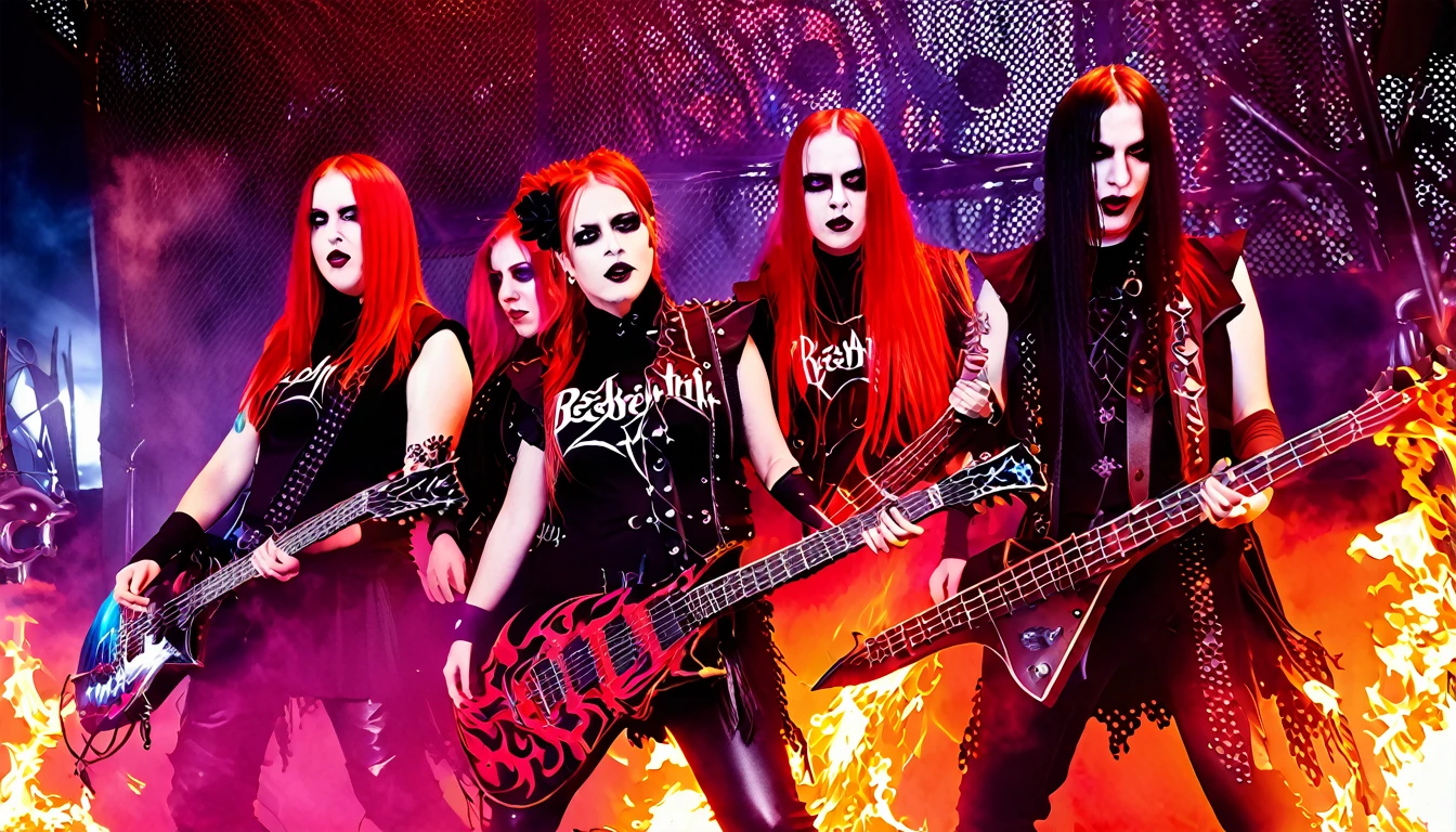 Female rock band "Besheniki", 3 girls, death metal, Gothic metal, concert with colorful special effects, A lot of flame, (gothic outfits, Skin, black and red colors), many enthusiastic listeners 