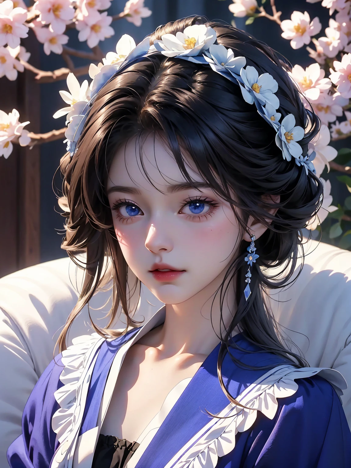 There was a girl with a basket of flowers on her head,Gorgeous and fashionable sapphire blue clothes, Realistic anime 3D style, Realistic animation girl render, 3D animation realistic, Anime styled 3d, Rendering a cute 3D anime girl, Realistic animation, surreal anime, Anime realism style, Anime style. 16K