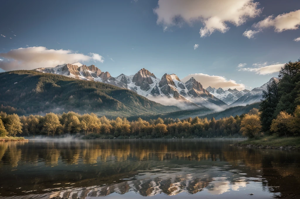 wonderfull landsape with mountains and dreaming forest, we can see a old and vintage little wood cabine close to a lake in a far. foggy, dreaming,