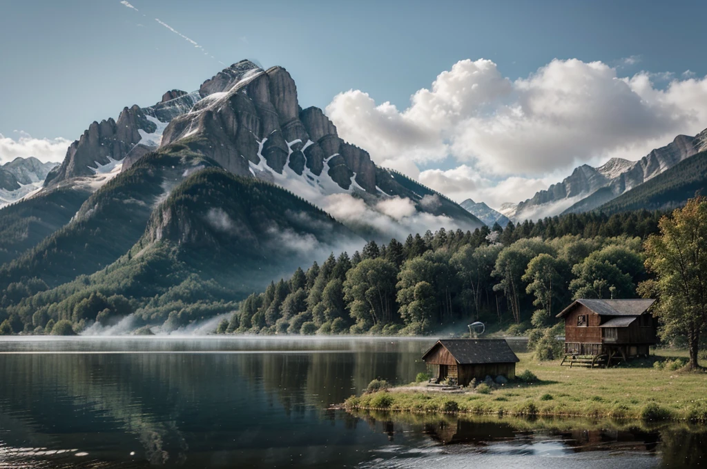 wonderfull landsape with mountains and dreaming forest, we can see a old and vintage little wood cabine close to a lake in a far. foggy, dreaming,