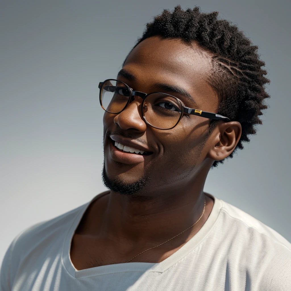 A 3D rendered cinematic photograph of a young black man with short hair, on a white background. He is wearing stylish glasses and captured smiling with a radiant expression, looking up. The scene should include soft light that highlights the contours of the face, sharp details in HDR, with 8K resolution, emphasizing the texture of the skin and the shine of the glasses.