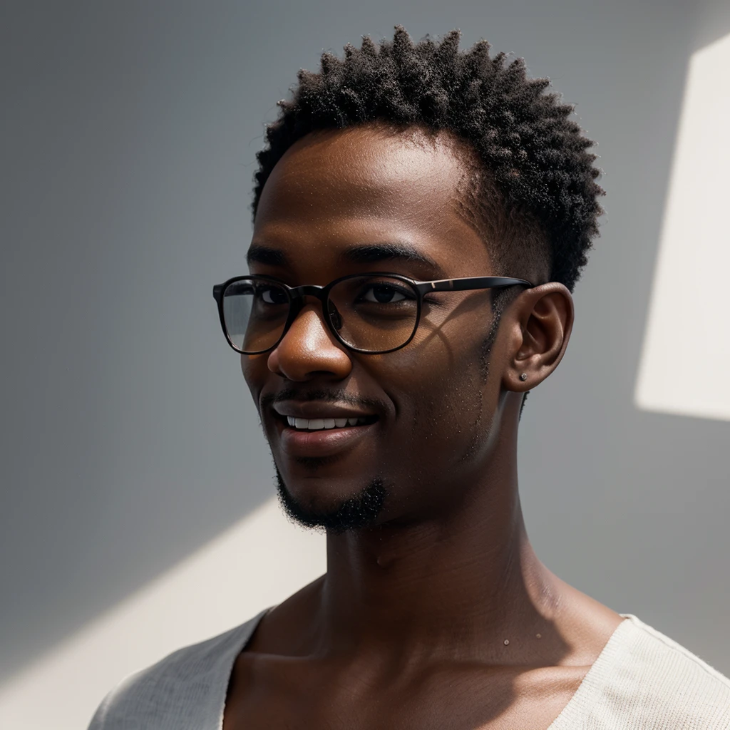 A 3D rendered cinematic photograph of a young black man with short hair, on a white background. He is wearing stylish glasses and captured smiling with a radiant expression, looking up. The scene should include soft light that highlights the contours of the face, sharp details in HDR, with 8K resolution, emphasizing the texture of the skin and the shine of the glasses.