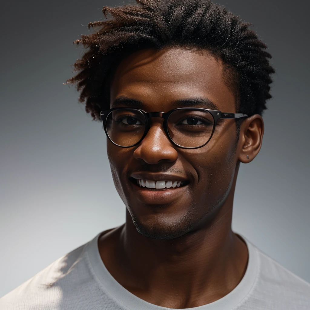 A 3D rendered cinematic photograph of a young black man with short hair, on a white background. He is wearing stylish glasses and captured smiling with a radiant expression, looking up. The scene should include soft light that highlights the contours of the face, sharp details in HDR, with 8K resolution, emphasizing the texture of the skin and the shine of the glasses.