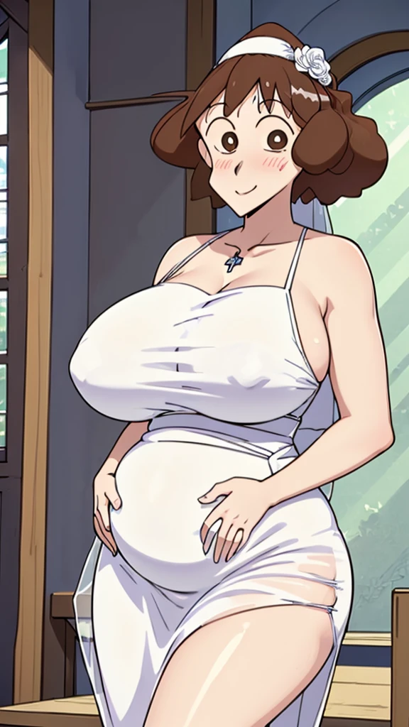 Misae Nohara, (Mature Woman:1.5), (absurderes, 8K, 4K, masutepiece, hyper extreme detailed:1.2), Best Quality, Perfect Anatomy, Perfect face, (Huge breasts:1.7), (Inside the church:1.2), (alone:1.5), blush, (Brown eyes:1.2), Exposed shoulders, Torn clothes, Are pregnant, Big chest with firmness, A kind smile, peace of mind, relief, (maternal:1.3), (sheer and sheer wedding dress:1.3), Standing staring at the viewer, blush, Embarrassing, Showing his belly, Thick thighs, Smile, happy smile