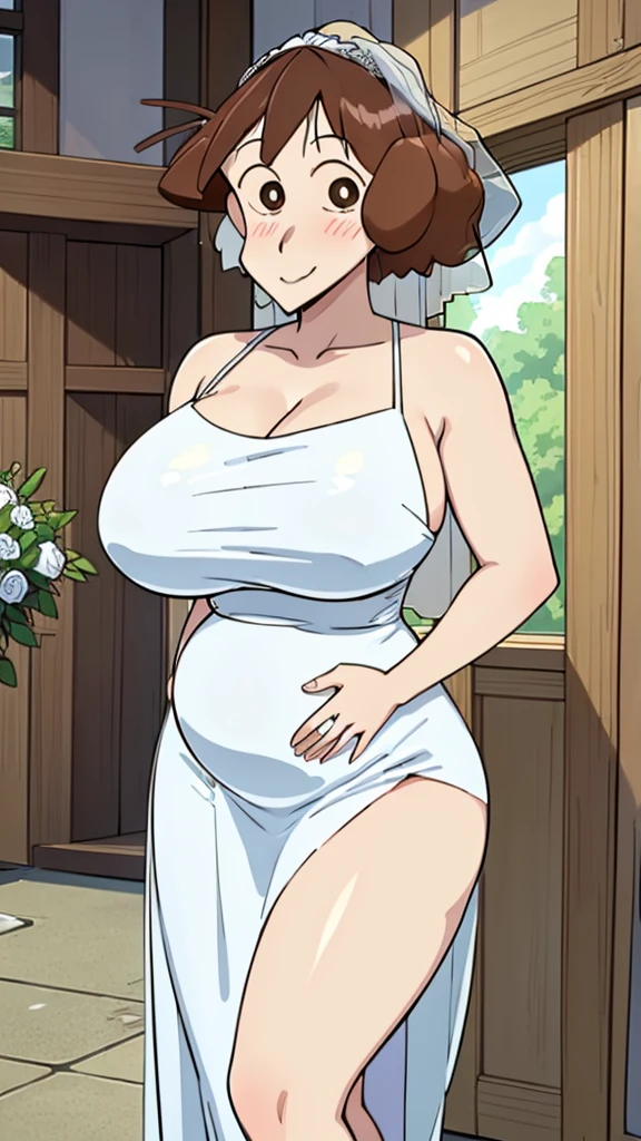 Misae Nohara, (Mature Woman:1.5), (absurderes, 8K, 4K, masutepiece, hyper extreme detailed:1.2), Best Quality, Perfect Anatomy, Perfect face, (Huge breasts:1.7), (Inside the church:1.2), (alone:1.5), blush, (Brown eyes:1.2), Exposed shoulders, Torn clothes, Are pregnant, Big chest with firmness, A kind smile, peace of mind, relief, (maternal:1.3), (sheer and sheer wedding dress:1.3), Standing staring at the viewer, blush, Embarrassing, Showing his belly, Thick thighs, Smile, happy smile