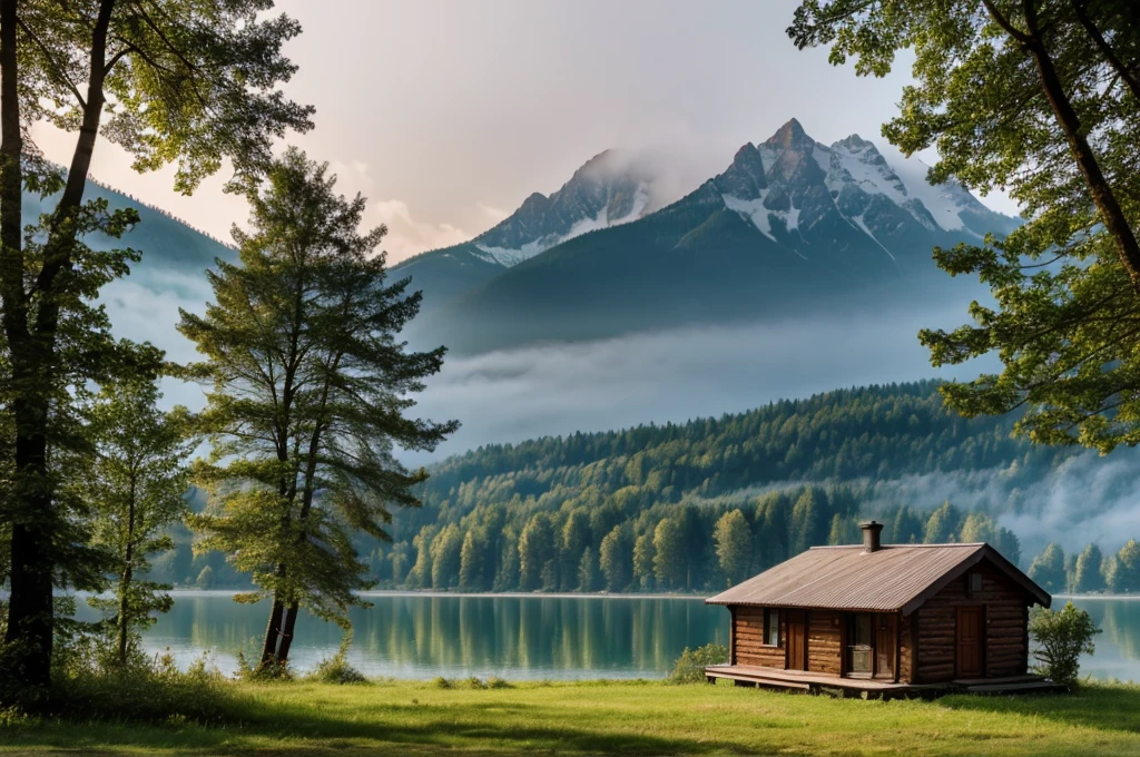 wonderfull landsape with mountains and dreaming forest, we can see a old and vintage little wood cabine close to a lake in a far. foggy, dreaming,
