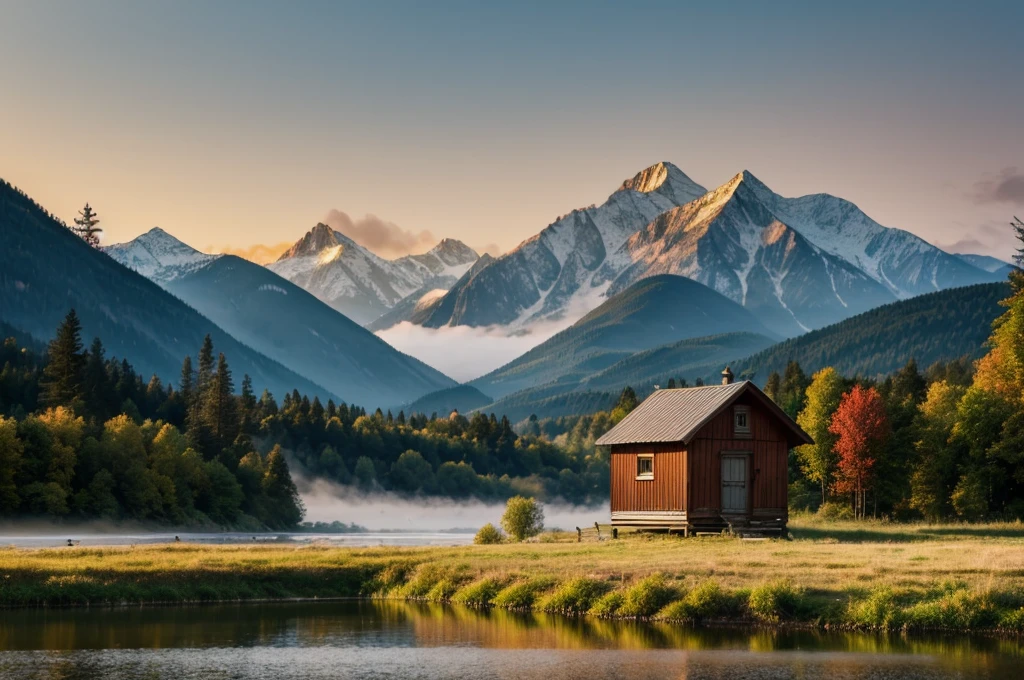 wonderfull landsape with mountains and dreaming forest, we can see a old and vintage little wood cabine close to a lake in a far. foggy, dreaming,