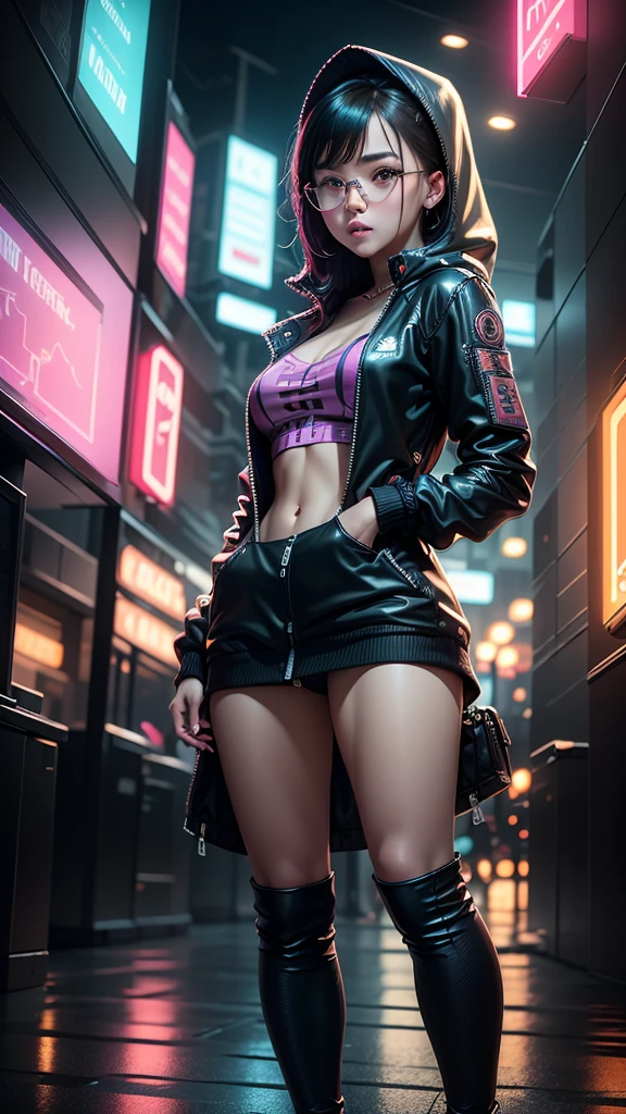 ((Best Quality)), ((Masterpiece)), (Very detailed: 1.3), 3D, NeonNoir, a close up of a beautiful cyberpunk (((selena Gomez:Emma Watson:0.7))) (( 27 yrs old)) (holding teddy bear: 1), (wearing sunglasses: 1.2), (diamond-shaped pupils: 1.2), heart-shaped, wearing a long hooded cape, (wearing a hood: 1.2), purple neon on the monitor, colorful neon signs on the wall, street lights, (white emitting: 1.1), contemptuous eyes, Standing on the street, Sony Master lens,