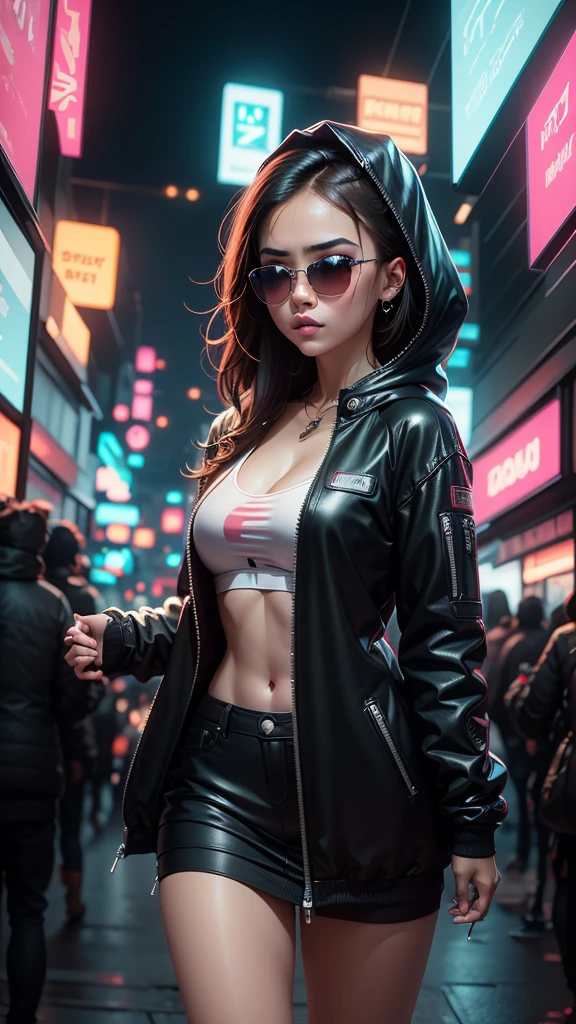 ((Best Quality)), ((Masterpiece)), (Very detailed: 1.3), 3D, NeonNoir, a close up of a beautiful cyberpunk ****    (((selena Gomez:Emma Watson:0.7))) (( 27 yrs old))  (holding teddy bear: 1), (wearing sunglasses: 1.2), (diamond-shaped pupils: 1.2), heart-shaped, wearing a long hooded cape, (wearing a hood: 1.2), purple neon on the monitor, colorful neon signs on the wall, street lights, (white emitting: 1.1), contemptuous eyes, Standing on the street, Sony Master lens,