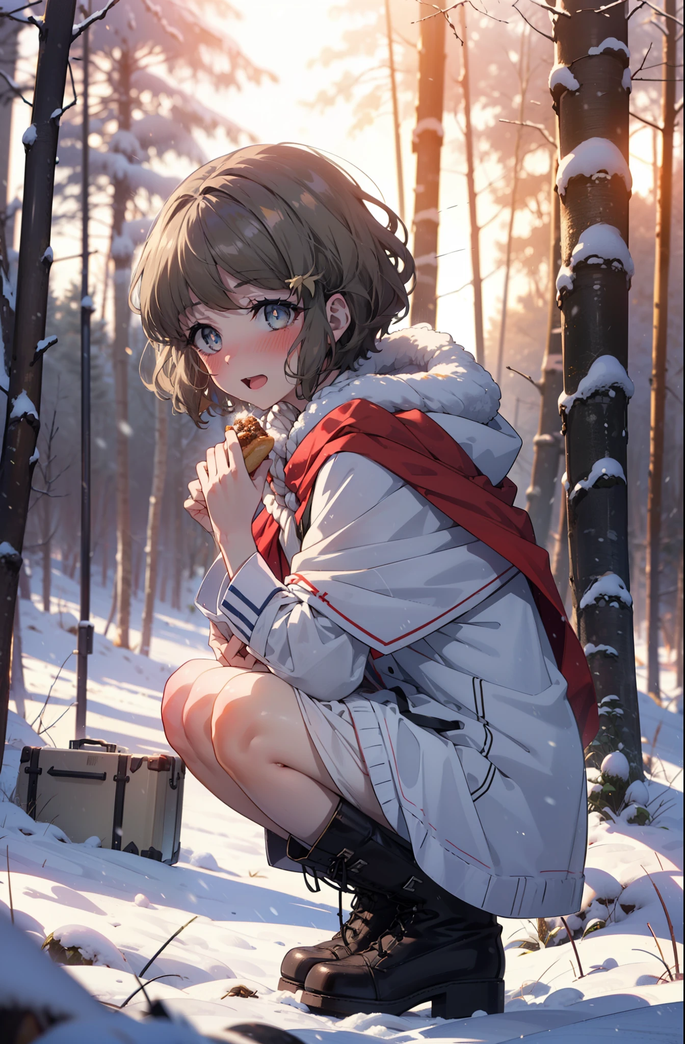 tomoekoga, Chie Koga, short hair, Brown Hair, blue eyes, hair band,smile,blush,White Breath,Mid-chest,
Open your mouth,snow,Ground bonfire, Outdoor, boots, snowing, From the side, wood, suitcase, Cape, Blurred, having meal, forest, White handbag, nature,  Squat, Mouth closed, Cape, winter, Written boundary depth, Black shoes, red Cape break looking at viewer, Upper Body, whole body, break Outdoor, forest, nature, break (masterpiece:1.2), highest quality, High resolution, unity 8k wallpaper, (shape:0.8), (Beautiful and beautiful eyes:1.6), Highly detailed face, Perfect lighting, Highly detailed CG, (Perfect hands, Perfect ???????),