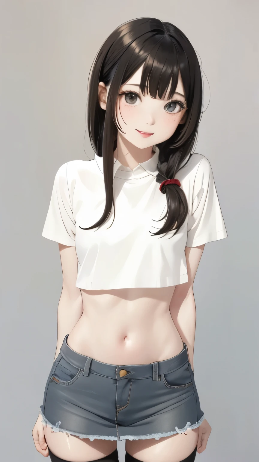 4K, masterpiece, 8k, high quality, 最high quality,10歳のcute少等生, Very white skin, Long brown hair，a bit，Low length，freckles，Thin eyebrows，Straight bangs，(Flat Chest) ，feminine, Tilt, elegant, elegant, cute, smile, cute, Hilarious, belly button, Denim Low Rise Mini Skirt, ((Black knee socks)), (Ugly clothes)、((Gray background))