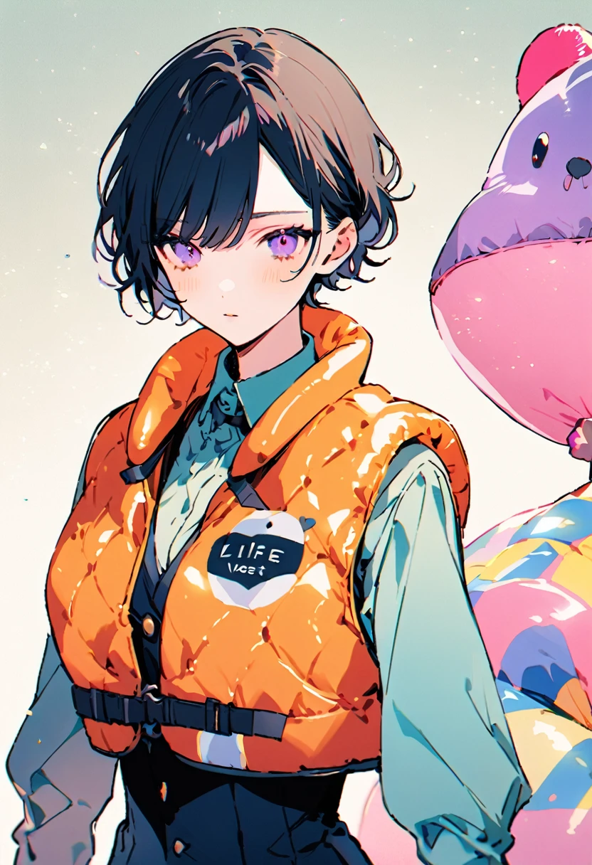 1girl in realistic extra shiny small yellow puffy small life vest, The life vest is buckled,masterpiece, highest quality, Illustration of the novel, High resolution, 18+ Adult content, Sensual, Intimate, Emotional, Passionate, romantic, sweet, Adorable, Innocent, Pure, Charmな, Charmな, Charm, Mysterious, Charmな, Charmな, Immersive, Charmな, dream-like, Surreal, Imaginative, Whimsical, artistic, Avant-garde, timeless, elegant, Sophisticated, chic, Sophisticated, personality, original, Charmな,((life vest,inflatable vest:1.3))、((Upper Body:1.3))