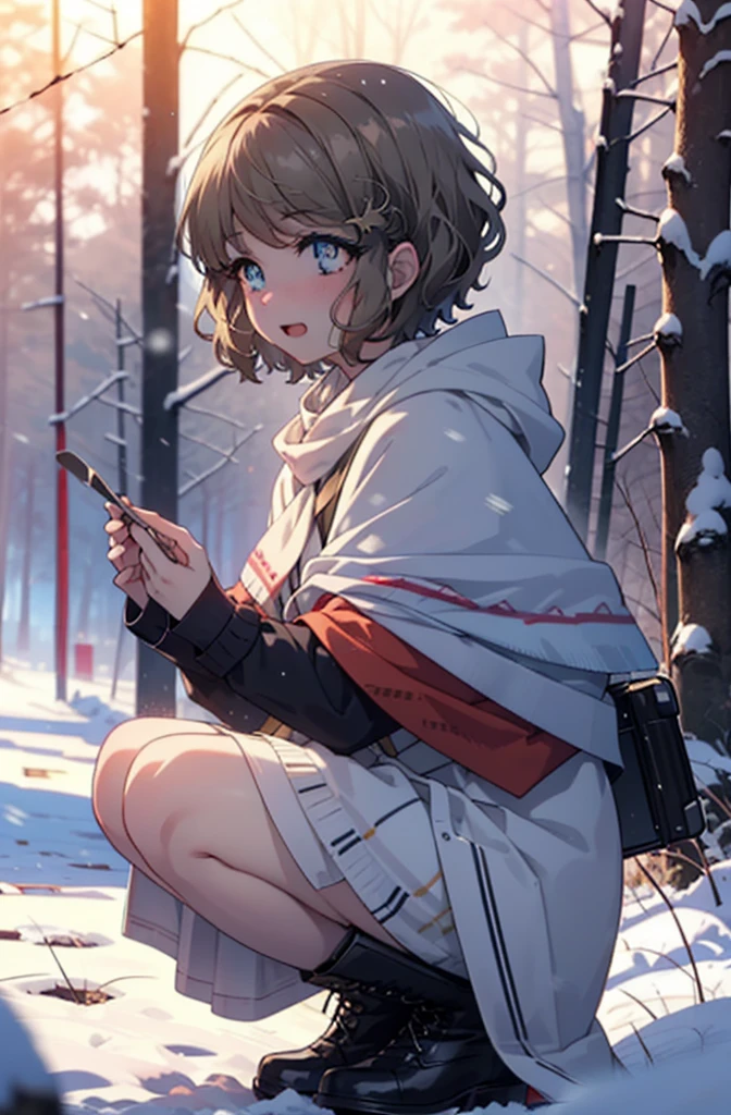 tomoekoga, Chie Koga, short hair, Brown Hair, blue eyes, hair band,smile,blush,White Breath,Mid-chest,
Open your mouth,snow,Ground bonfire, Outdoor, boots, snowing, From the side, wood, suitcase, Cape, Blurred, having meal, forest, White handbag, nature, Squat, Mouth closed, Cape, winter, Written boundary depth, Black shoes, red Cape break looking at viewer, Upper Body, whole body, break Outdoor, forest, nature, break (masterpiece:1.2), highest quality, High resolution, unity 8k wallpaper, (shape:0.8), (Beautiful and beautiful eyes:1.6), Highly detailed face, Perfect lighting, Highly detailed CG, (Perfect hands, Perfect Anatomy),