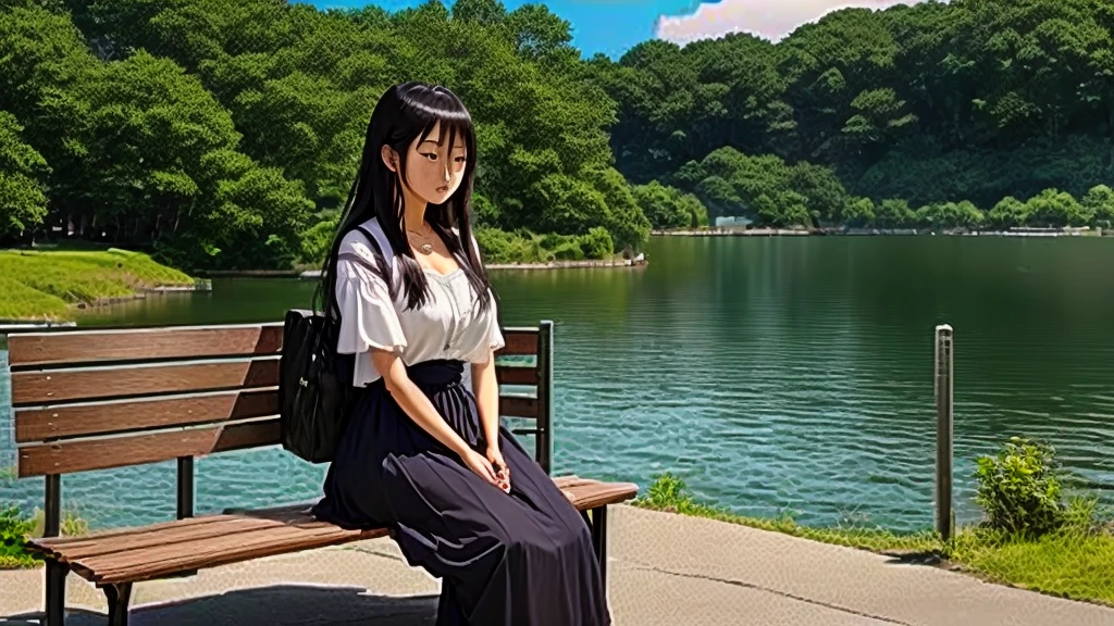 There is a woman sitting on a bench by the lake., He threatened Hideo., He threatened to hide, froma sundberg, Instagram Photos, by Miwa Komatsu, Heart, minoru nomata, Mina Petrović, omina tachibana, by Kentaro Miura, from, where, soul, Music Album Art, Anime Cover