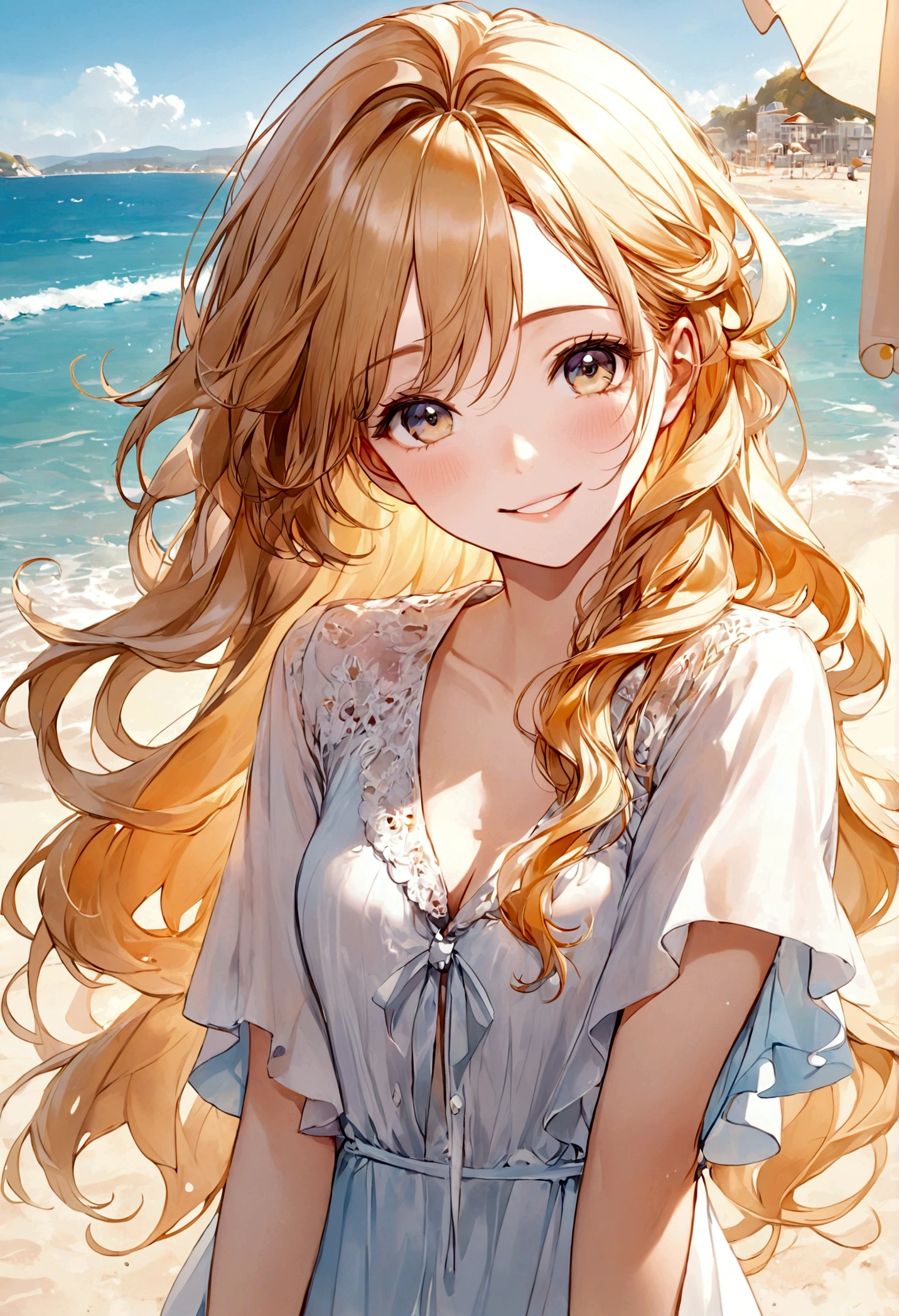 masterpiece,Ultra Detailed,Beautiful lady, Light long hair,Long wavy hair, beach,sunny,elegant smile, sweet smile, Relaxed expression, Fair skin