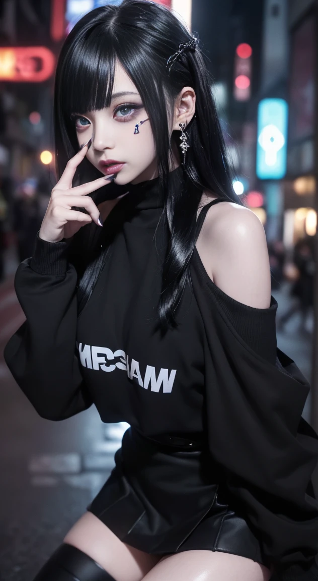 Cinema Lighting、(Key Light:Front 45 degree angle, Subsidy Light、Backlight、Shadow、Blue and orange color palette), Accurate human body、Knowledgeable person、Correct five-finger、RAW Photos、4K - ultra-vivid、highest quality, masterpiece, Ultra-high resolution, (reality: 1.4),
(((Oilskin,Glowing Skin、Realistic skin texture、Beautiful skin in every detail、Shiny skin、Shiny skin)))、
(((Beautiful eyes、Eyes of exquisite depiction、Right eye is red、Left eye is blue、large, round eyes)))、
Beautiful youth, 19-year-old girl, 魅力的なgirl, クールなgirl、girl、mini skirt、Black Mask、((赤いHeavy makeup))、((Small breasts)) 、 girl1人, Purple eyes, Off-the-shoulder sweater dress, Cinema Lighting、purple and black hair、(Mine girl、Goth Makeup、My Makeup)、(Earrings、Small breasts、An oversized black t-shirt with open shoulders、ダークmini skirt)、((Heavy makeup、Oilskin,Glowing Skin、Realistic skin texture、Fine and beautiful skin、Shiny skin)), Dark downtown at night、Kabukicho、Dark Cyberpunk、(Full Shot:1.8)、Thin legs、Thin arms、Narrow shoulders、Tight waist、Slender body、Small breasts、whole body