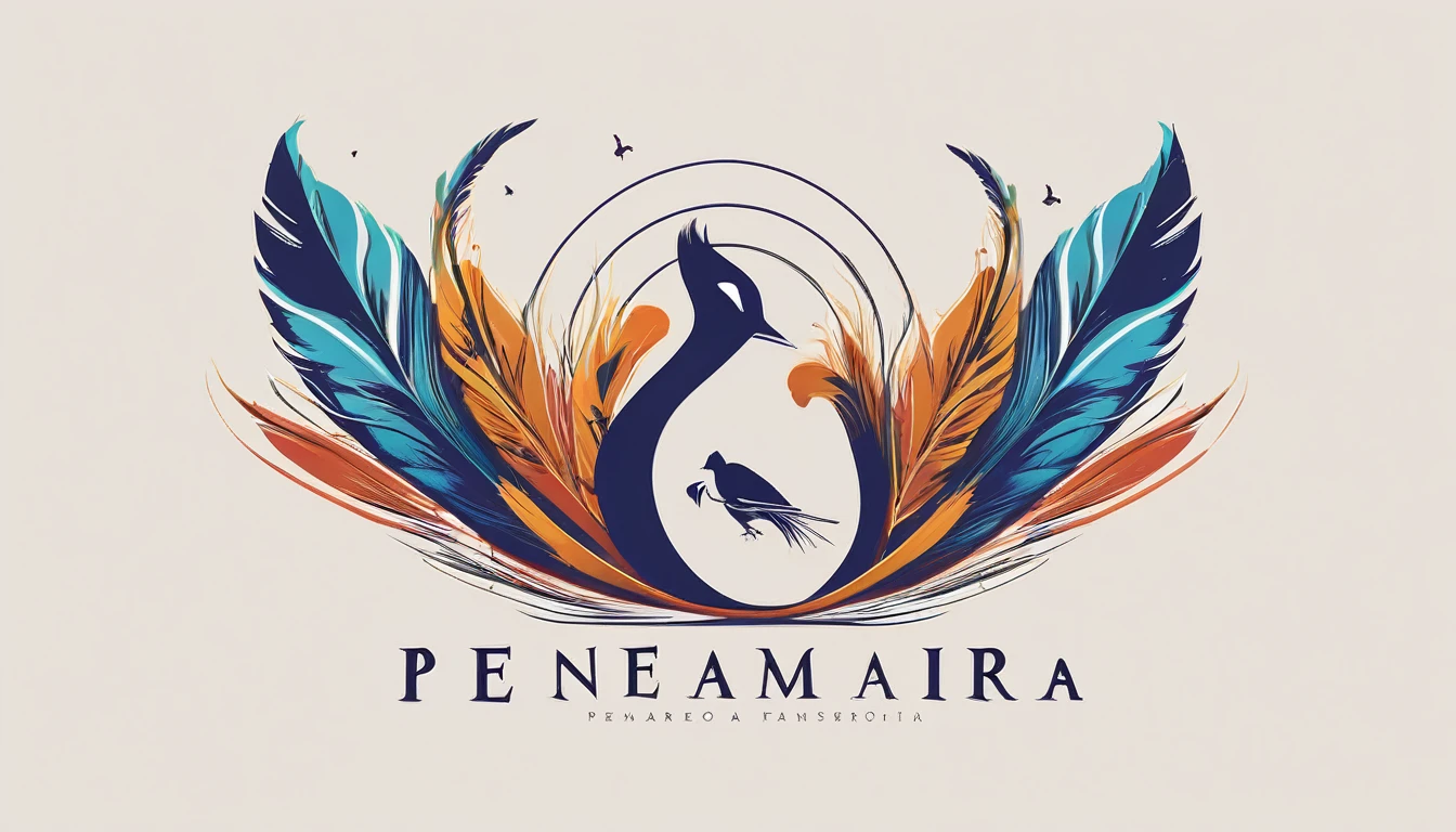 Create a symmetrial, abstract logo of two birds and a boy guitarist. As a symbol, create a feather as the special symbol for a creative brand called " Penamemoria". The logo should represent the companionship between a boy musician, A Storyteller Fantasy Bird and a Dreamy Feather. Minimalist symbol design