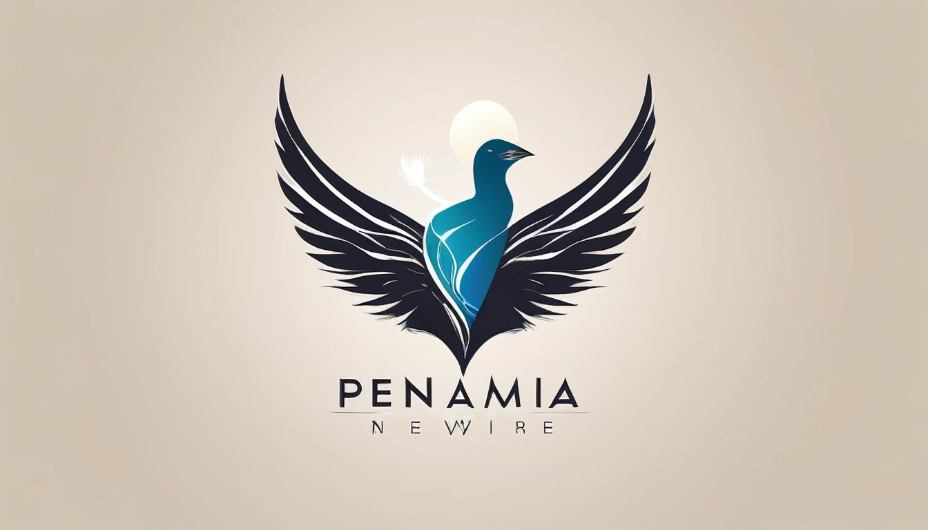 Create a symmetrial, abstract logo of two birds and a boy guitarist. As a symbol, create a feather as the special symbol for a creative brand called " Penamemoria". The logo should represent the companionship between a boy musician, A Storyteller Fantasy Bird and a Dreamy Feather. Minimalist symbol design