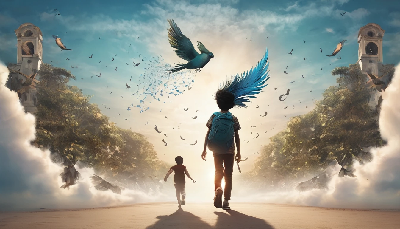 Create a professional, fantastic, cinematic Youtube Banner for a brand about music and stories called " Penamemoria". Masterpiece, 4k, sharp focus, highest quality,wide shot. The title is " Penamemoria". Is a brand about the creative, unique journey of a boy into becoming a musician storyteller. In his journey he finds inspiration in a world of birds and feathers. Minimalistic, simple, poetic, dreamy logotype at the center of the image. The Background image is a world full of fantastic feathers, unique birds, light blue sky, and a boy running happily into the horizon with an acoustic guitar in his right hand. Boy running against the wind, almost simulating like he is flying