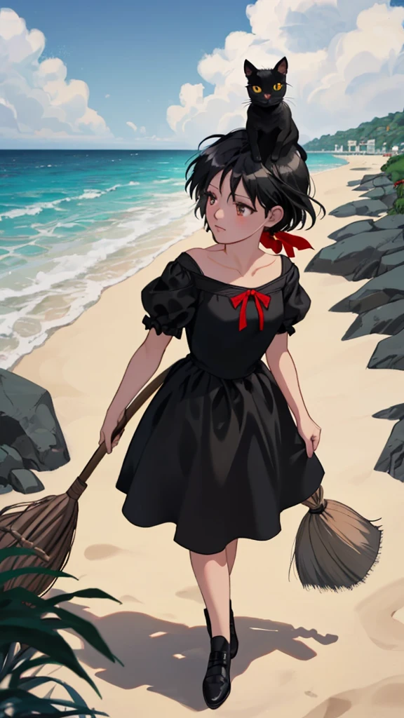Ghibli style animation. The Witch's Delivery Service. The beach in the daytime. A girl. A black dress. Black hair. Short cut. A big red ribbon on her head. A small black cat on her shoulder. A broom in her hand. High quality. 4K quality.