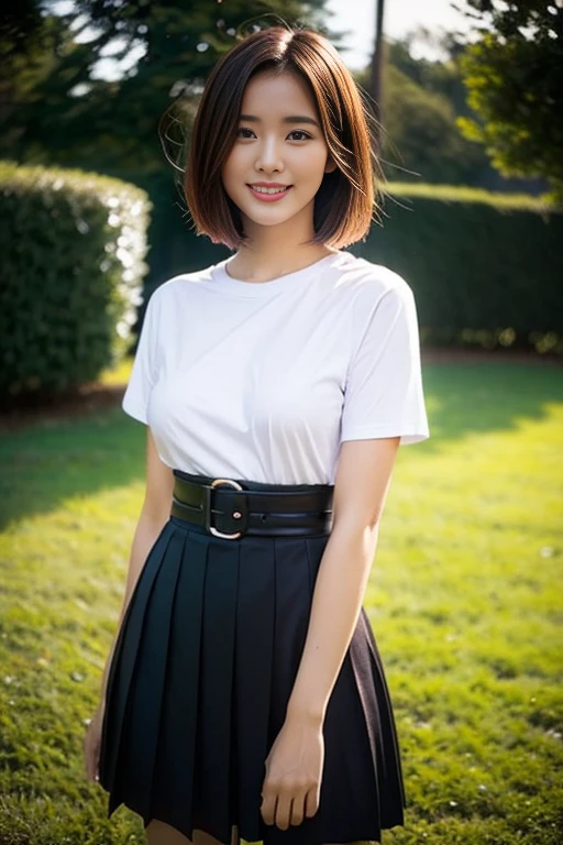 a gorgeous lady, age 22, white T-shirt and black pleated dress, standing under night sky, dimpled smile, short bob hair, in a natural pose, photorealistic, beautiful detailed eyes, ample round bosom, hyper-realism, high contrast, ultra HD, realistic skin textures, top image quality, top-quality, super high resolution, fine details, very meticulously, bokeh background