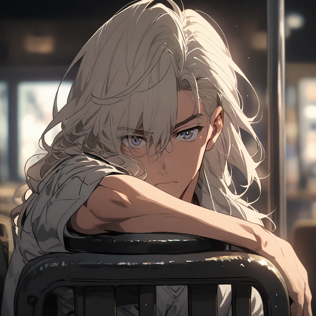 Anime boy sitting at chair, face focus, white long hair