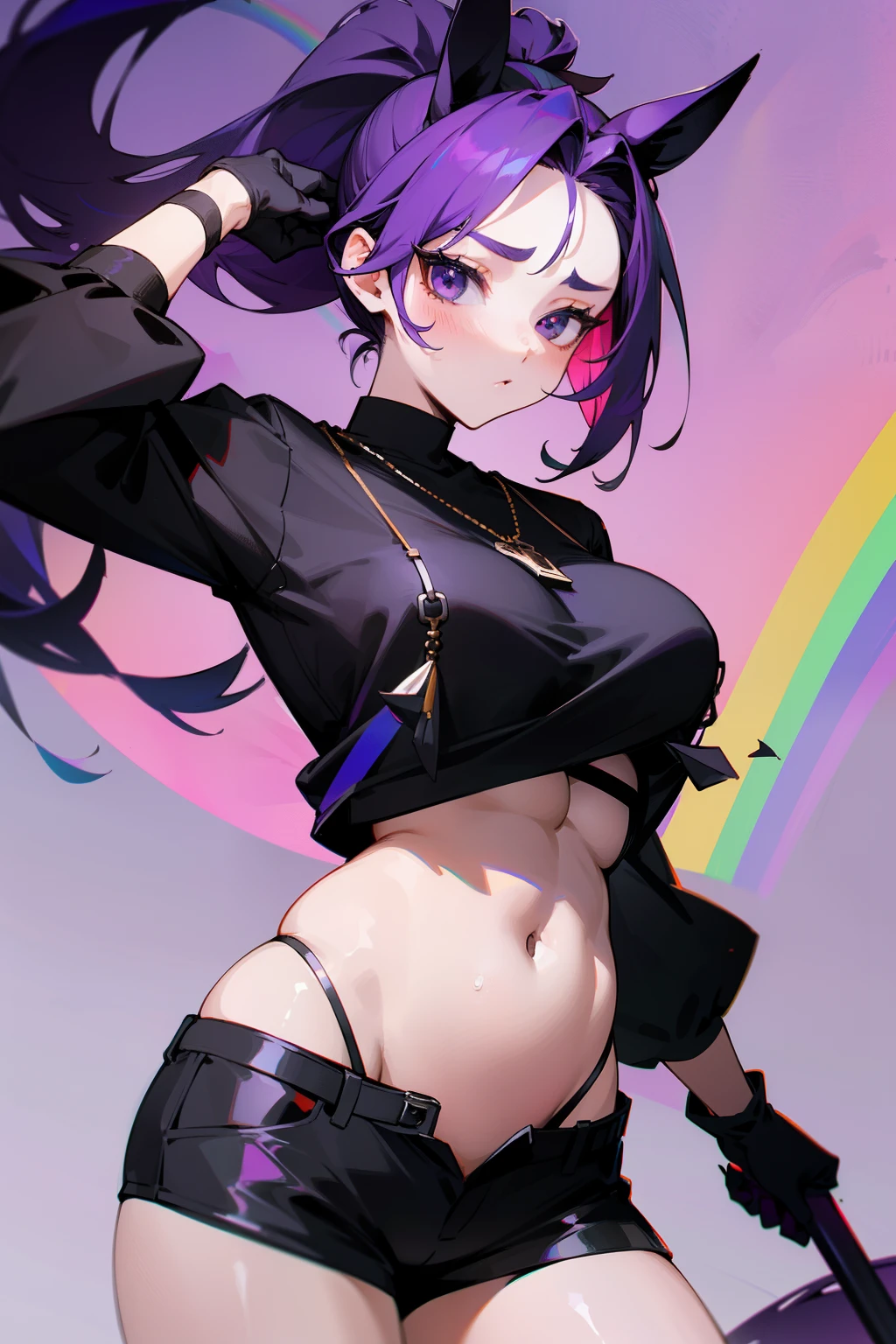 Girl, one black horn at the top of her forehead, short rainbow-colored hair, horse ears, black eyes, violet wings, black necklace, black gloves, short pants, big breasts, exposed belly, ponytail