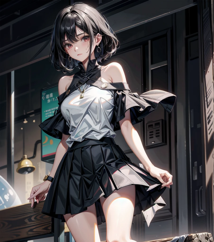 whole body, tearful mole, earring, medium hair, black hair, medium tits, shirt, skirt, bare legs, bare shoulder,