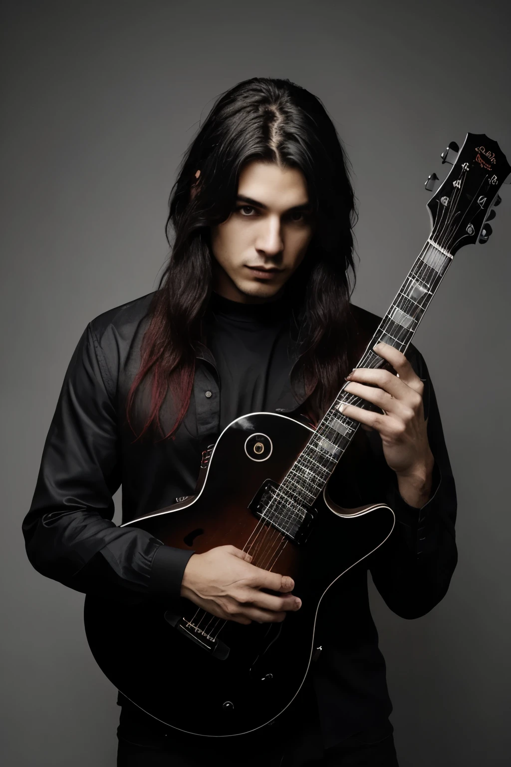 Contato visual de um homem de cabelo vermelho de cabelo ate os ombros, goth man holding a guitar