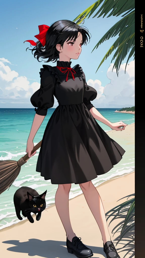 Ghibli style animation. The Witch's Delivery Service. The beach in the daytime. A girl. A black dress. Black hair. Short cut. A big red ribbon on her head. A small black cat on her shoulder. A broom in her hand. High quality. 4K quality.