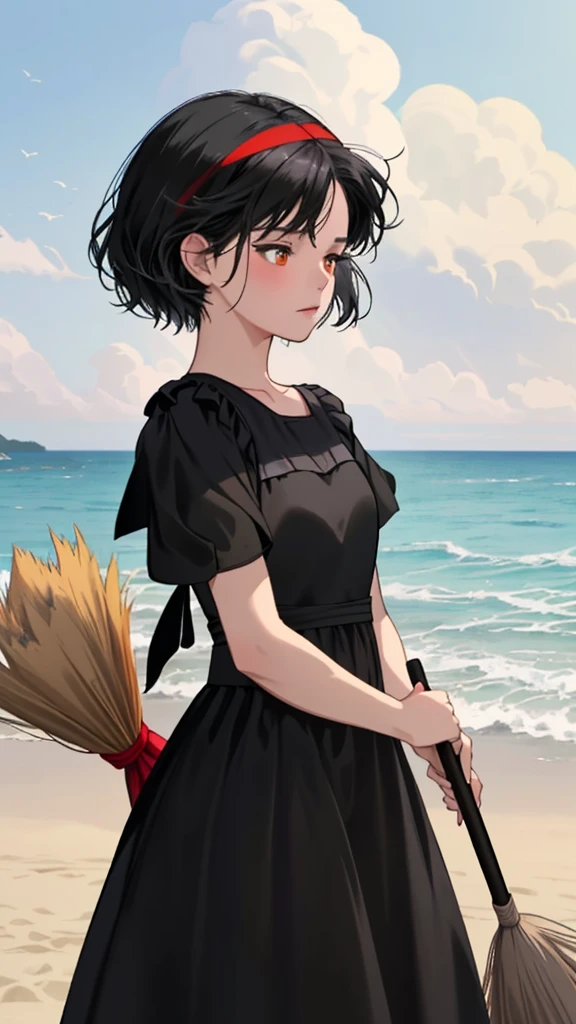 Ghibli style animation. The Witch's Delivery Service. The beach in the daytime. A girl. A black dress. Black hair. Short cut. A big red ribbon on her head. A small black cat on her shoulder. A broom in her hand. High quality. 4K quality.
